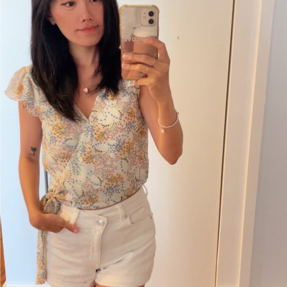 Sage Floral Wrap Blouse - White and Yellow